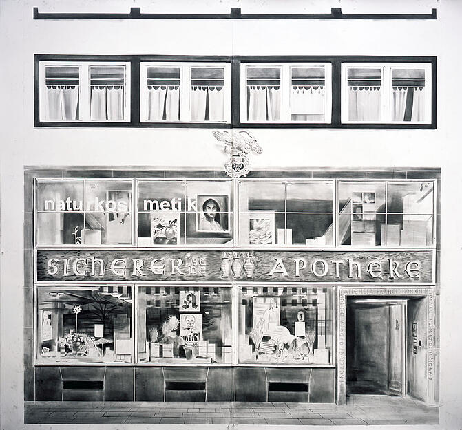 Yves Bélorgey, Sicherer’sche Apotheke, Kaiserstraße, Heilbronn, Juli / August 2018, Graphit auf Papier, 240 x 240 cm