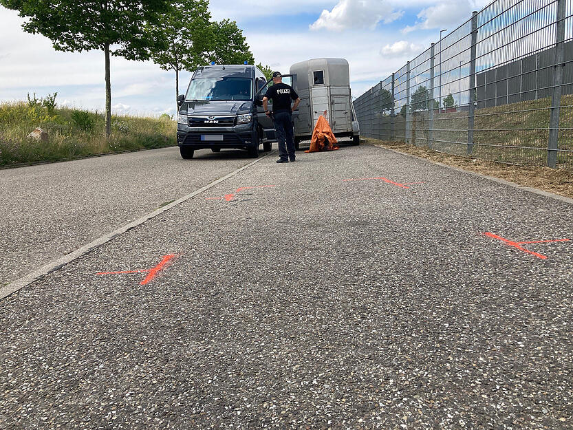 Am Freitagnachmittag (24.06.) sind die Ermittler am Fundort im Einsatz. Rote Markierungen zeigen, wo das Auto stand, in dem die Tote gefunden wurde.