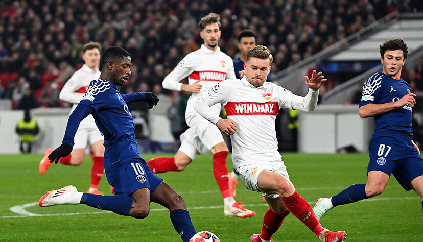 So war das im Februar 2025: Paris Saint-Germain war in der Champions League zu Gast, Ousmane Dembele (links) traf auf die Stuttgarter um Maximilian Mittelst&auml;dt. Der VfB unterlag 1:4.