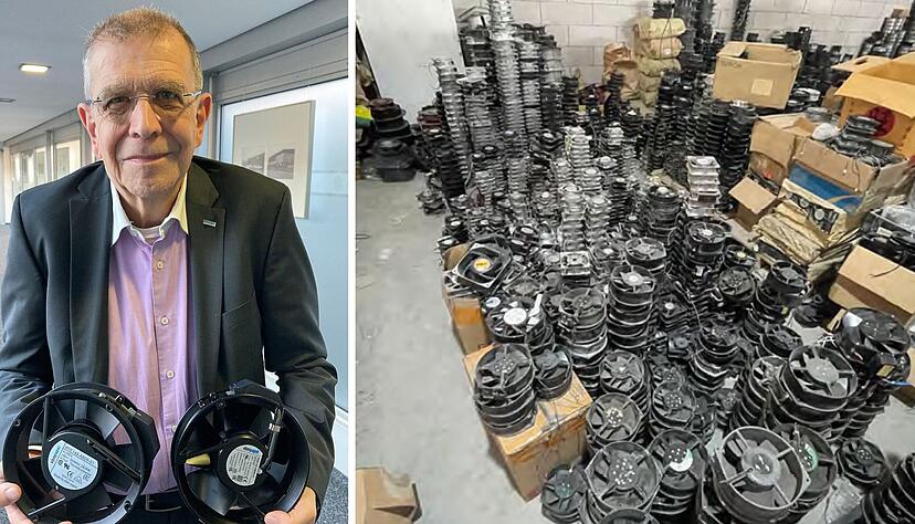 Schwer zu unterscheiden: Ralf Duckeck (Foto links), Verantwortlicher für Patente und geistiges Eigentum bei EMB-Papst, mit einem gefälschten (links) und einem Original-Ventilator. Bei der Razzia in Foshan stellten die Ermittler im September hunderte alter Lüfter samt gefälschter EBM-Papst-Etiketten sicher (Foto rechts). Schwer zu unterscheiden: Ralf Duckeck (Foto links), Verantwortlicher für Patente und geistiges Eigentum bei EMB-Papst, mit einem gefälschten (links) und einem Original-Ventilator. Bei der Razzia in Foshan stellten die Ermittler im September hunderte alter Lüfter samt gefälschter EBM-Papst-Etiketten sicher (Foto rechts).