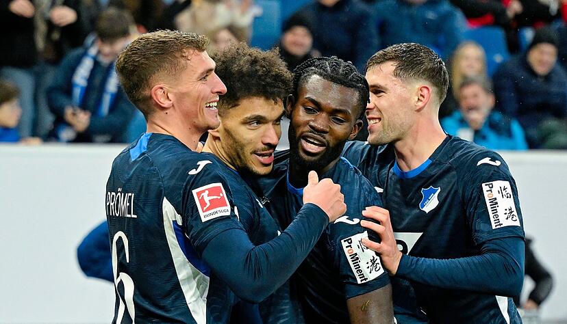 Die Hoffenheimer jubeln &uuml;ber das Tor zum 3:0 gegen den SC Freiburg.