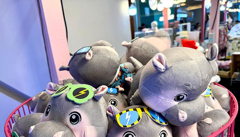 Passend zum Geburtstag stehen wieder &uuml;berall Moo-Deng-Souvenirs zum Verkauf.