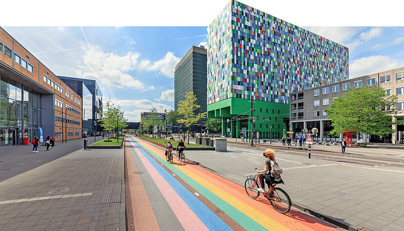Der Regenboogfietspad (Regenbogen-Radweg), ein Symbol für Diversität, führt durch den Utrecht Science Park vorbei an den Universitäten der Stadt. Von Straße und Gehweg ist er baulich und optisch getrennt. Der Regenboogfietspad (Regenbogen-Radweg), ein Symbol für Diversität, führt durch den Utrecht Science Park vorbei an den Universitäten der Stadt. Von Straße und Gehweg ist er baulich und optisch getrennt.