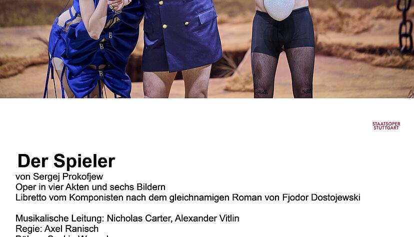 Gier frisst Hirn: Liebesblöder General (Goran Juri, Mitte), Luder und Erbschleicherin Mademoiselle Blanche (Stine Marie Fischer) und ein windiger Marquis (Elmar Gilbertsson) in der Stuttgarter Opernproduktion „Der Spieler“. Gier frisst Hirn: Liebesblöder General (Goran Juri, Mitte), Luder und Erbschleicherin Mademoiselle Blanche (Stine Marie Fischer) und ein windiger Marquis (Elmar Gilbertsson) in der Stuttgarter Opernproduktion „Der Spieler“.
