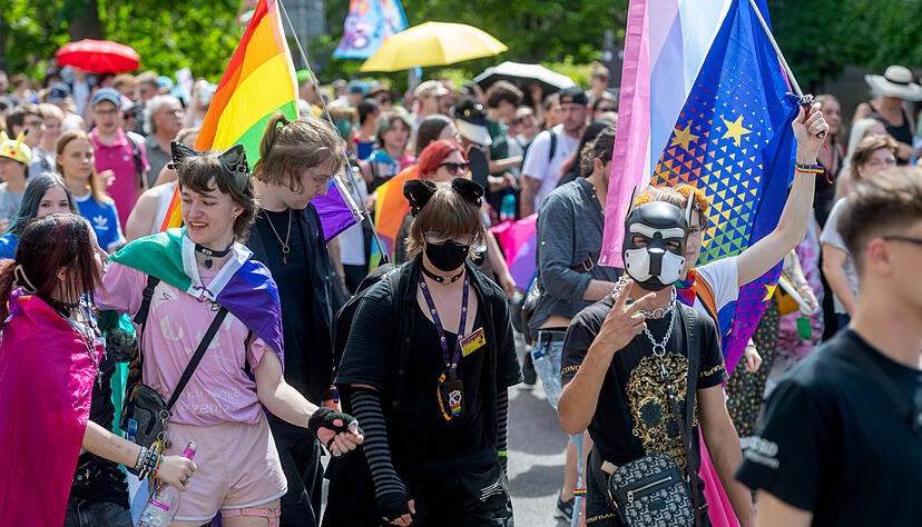 Regenbogenfahnen sind zum Zeichen der Pride-Bewegung und des Christopher Street Days geworden. Kein Wunder also, dass sie auch beim zweiten CSD in Heilbronn in der Menschenmenge zu sehen sind.