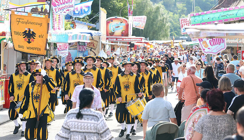 Der Festzug schl&auml;ngelte sich vom Berg bis ins Tal, angef&uuml;hrt vom Fanfarenzug und in Begleitung der Stadtkapelle Bad Wimpfen, der Gruppe Aderlass und den  Stauferpfalz-Festspielen.