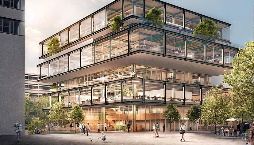 So soll das Gebäude aussehen: Auf sieben Ebenen gibt es Platz für Treffen, Büros, Co-Working-Spaces, Gastronomie und einen Event-Bereich.
Visualisierung: Weber + Auer So soll das Gebäude aussehen: Auf sieben Ebenen gibt es Platz für Treffen, Büros, Co-Working-Spaces, Gastronomie und einen Event-Bereich.
Visualisierung: Weber + Auer
