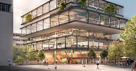 So soll das Gebäude aussehen: Auf sieben Ebenen gibt es Platz für Treffen, Büros, Co-Working-Spaces, Gastronomie und einen Event-Bereich.
Visualisierung: Weber + Auer