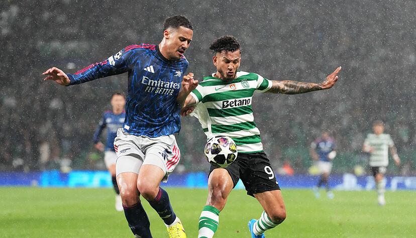 Sporting-St&uuml;rmer Luis Suarez (r.) hatte gegen Arsenals Verteidiger einen schweren Stand.