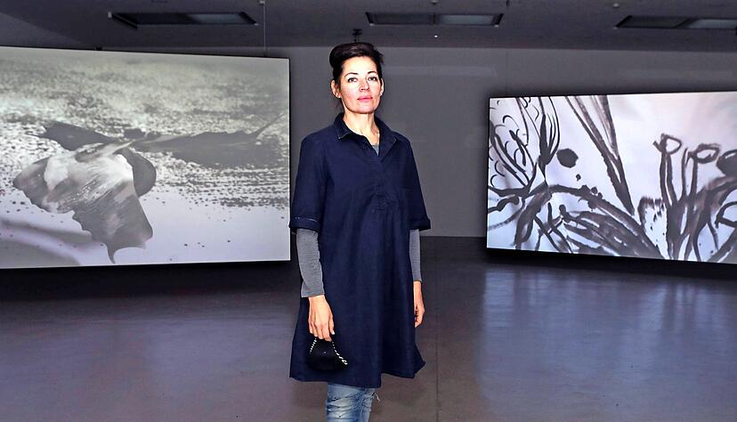 "Für mich sind Film, Zeichnung und Malerei eins": Wie aus einem Guss wirken die Videoinstallationen und die großformatigen Zeichnungen von Katja Davar im Kunstverein Heilbronn. Foto: Matthias Heibel