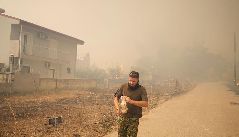 Ein junger Mann rettet eine kleine Katze vor den Flammen.