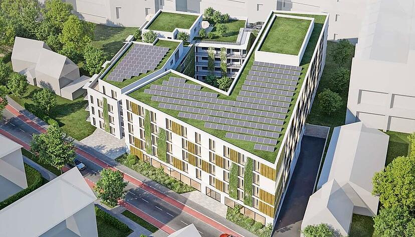 Das Hotel- und Wohnprojekt ist mit Solarpanelen auf dem Dach und einem begrünten Innenhof ausgestattet. Das Hotel- und Wohnprojekt ist mit Solarpanelen auf dem Dach und einem begrünten Innenhof ausgestattet.