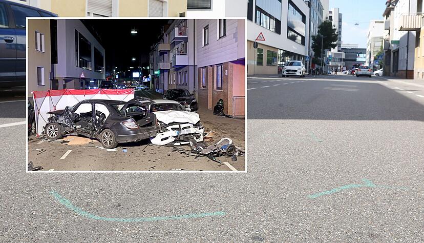 Am 12. Februar soll ein damals 20 Jahre alter BMW-Fahrer mit rund 100 Stundenkilometern in einen Mercedes gerast sein (kleines Foto). Heute erinnern noch Markierungen an der Unfallstelle an den tragischen Unfall (großes Foto). Am 12. Februar soll ein damals 20 Jahre alter BMW-Fahrer mit rund 100 Stundenkilometern in einen Mercedes gerast sein (kleines Foto). Heute erinnern noch Markierungen an der Unfallstelle an den tragischen Unfall (großes Foto).