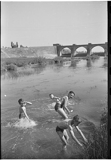 Badespaß im Neckar bei Neckarsulm. Aufnahme von Mai 1958.