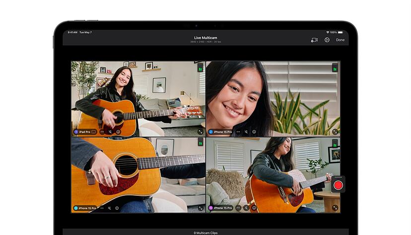 Das neue iPad Pro kann mit der App Final Cut Pro als Multicam-Produktionsstudio genutzt werden, bei dem bis zu vier Kameras gleichzeitig verbunden sind.