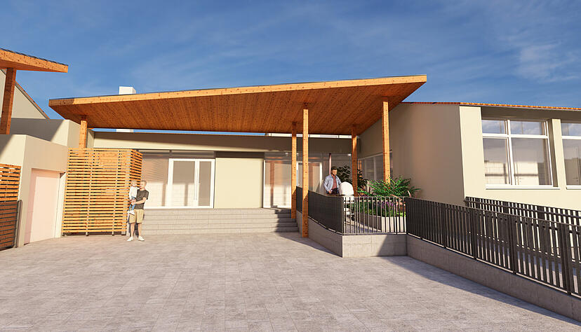 Diese Visualisierung zeigt den Eingangsbereich zum Kindergarten (rechts) und zur Halle (links).