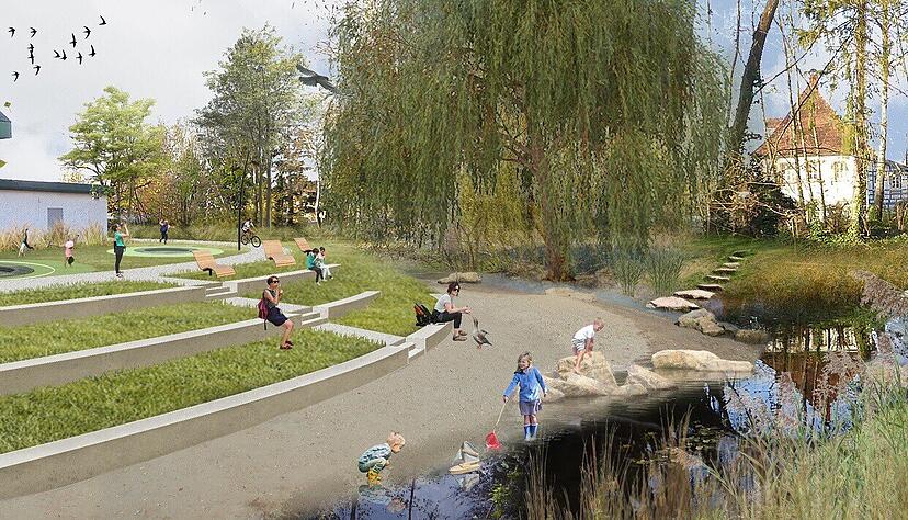 Ein kleiner Strand in der Stadt: So h&auml;tte ein Teil der Gartenschau aussehen k&ouml;nnen, die Bretten ausrichten wollte. Visualisierung: Stadt Bretten