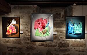 Gem&auml;lde oder Fotografie? Die bunten Einkaufst&uuml;ten von Marie-Fran&ccedil;oise Martin begeistern die Besucher der Ausstellung im Schafstall.
Fotos: Matthias Heibel