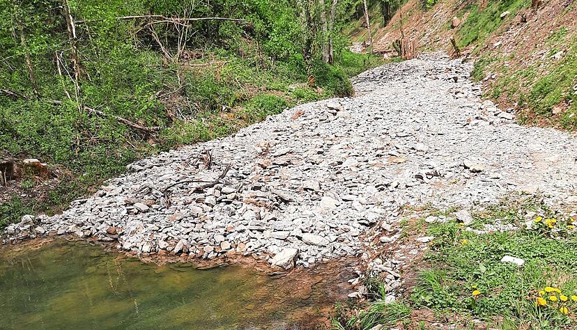 Die Klinge am Kaibach ist nach dem Regenereignis Ende April 2023 wieder durch Geröll verstopft. Der Geröllfang aus Holz wurde weggespült.
Fotos: privat Die Klinge am Kaibach ist nach dem Regenereignis Ende April 2023 wieder durch Geröll verstopft. Der Geröllfang aus Holz wurde weggespült.
Fotos: privat