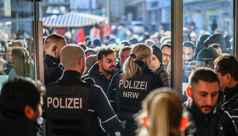 Polizeieinsatz an der Sparkassenfiliale in Gelsenkirchen-Buer. Eine gro&szlig;e Menschenmenge versammelte sich vor der Filiale.