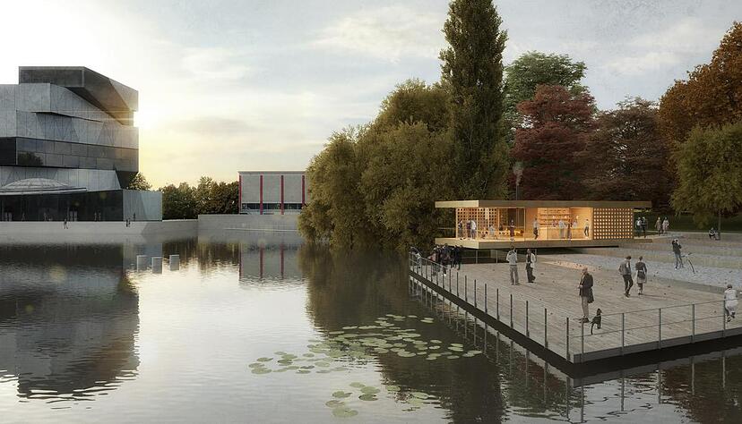 In Nachbarschaft zur Wasserbühne und neuen Experimenta soll ein Wein-Pavillon am Altneckar entstehen. Illustration: Mattes Riglewski Architekten