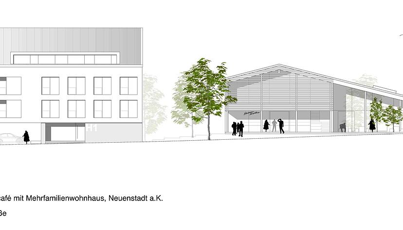 Blick von der Neckarsulmer Straße: So soll die Neubebauung aussehen. Links plant die Firma Härdtner ein Gebäude mit acht Wohnungen, rechts eine Bäckerei mit Café und Terrasse zur Brettach hin.
Entwurf: privat Blick von der Neckarsulmer Straße: So soll die Neubebauung aussehen. Links plant die Firma Härdtner ein Gebäude mit acht Wohnungen, rechts eine Bäckerei mit Café und Terrasse zur Brettach hin.
Entwurf: privat