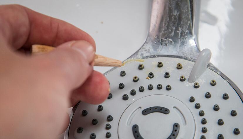 Mit einer Interdentalb&uuml;rste lassen sich die feinen D&uuml;sen des Duschkopfes m&uuml;helos von Kalk befreien.