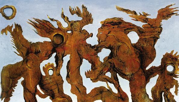 Angeblich 1927 von Max Ernst gemalt: Das 64 Zentimeter auf 80 Zentimeter gro&szlig;e Bild (&Ouml;l auf Leinwand) "La Horde" ist wohl eine F&auml;lschung. Foto: Swiridoff Verlag