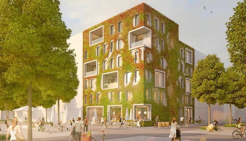 Die Gr&uuml;ne Ecke hat ihren Namen von ihrer begr&uuml;nten Fassade und der Lage auf einem Eckgrundst&uuml;ck zum Stadtsee hin. Animation: Buga GmbH