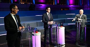 Die Spitzenkandidaten zur Landtagswahl, Cem &Ouml;zdemir (Gr&uuml;ne), Manuel Hagel (CDU) und Markus Frohnmaier (AfD) treffen beim Triell aufeinander.