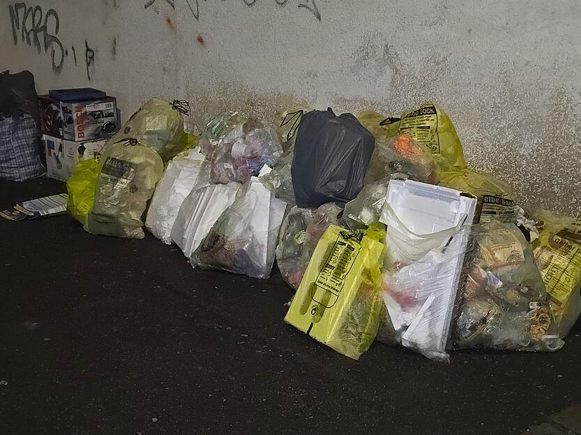 Vor Mehrfamilienh&auml;usern in Heilbronn sammeln sich w&auml;hrend der Umstellung nicht nur M&uuml;lltonnen, sondern auch Gelbe S&auml;cke.