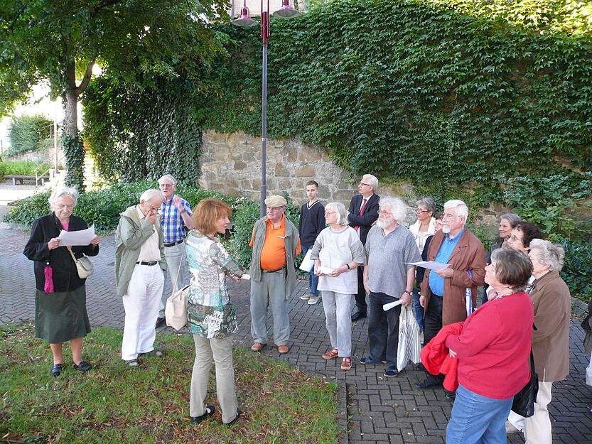 Annette Geisler vom Stadtarchiv Heilbronn nimmt 22 Abendspaziergänger mit auf eine Reise in Sontheims Vergangenheit. Der Fokus liegt auf der Geschichte der Juden, die sich ab Ende des 17. Jahrhunderts in der Deutschordensgemeinde südlich von Heilbronn niederlassen. Sieben Familien sind es 1702. Aufnahme aus dem Jahr 2013.