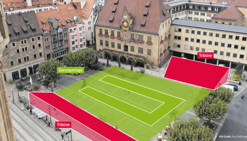 Die Hochsprung-Elite soll sich künftig im Herzen der Innenstadt treffen: Die roten Flächen zeigen die Tribünen, die grüne Fläche die Sprunganlage. Fotomontage: HSt Die Hochsprung-Elite soll sich künftig im Herzen der Innenstadt treffen: Die roten Flächen zeigen die Tribünen, die grüne Fläche die Sprunganlage. Fotomontage: HSt