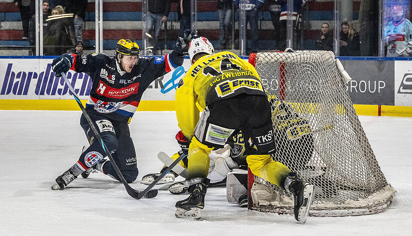 Marco Haas (links) erzielte den zehnten Treffer der HEC Eisb&auml;ren gegen Zweibr&uuml;cken und muss daf&uuml;r der Mannschaft einen Kasten Bier ausgeben.