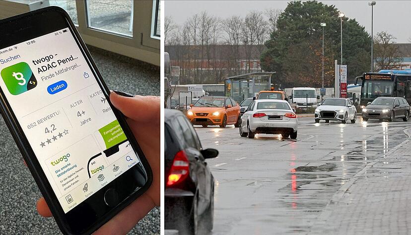 In der R&ouml;telstra&szlig;e (Foto rechts) herrscht meist dichter Verkehr. Eine App oder Mitfahrm&ouml;glichkeit wie twogo (links) k&ouml;nnte hier helfen.