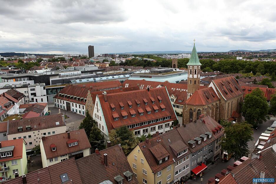 Blick von der Kilianskirche über Heilbronn, Deutschhof und Stadtgalerie