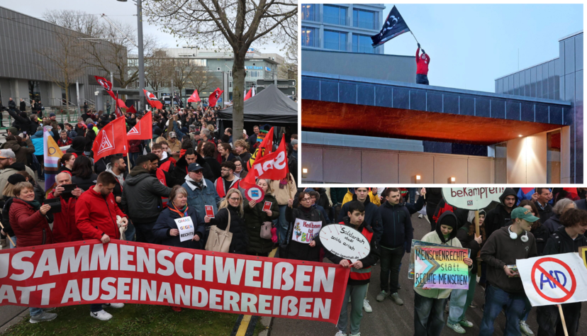 Ein Mann schwenkt bei der Anti-AfD-Demonstration vor der Heilbronner Harmonie eine