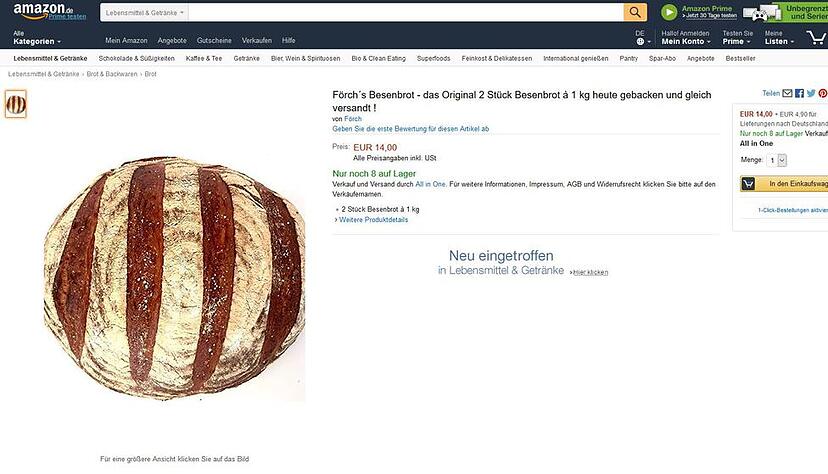 Als frisch gebackenes Besenbrot wurde das Brot der Erlenbacher B&auml;ckerei F&ouml;rch bei Amazon angeboten. Screenshot: Stimme.de