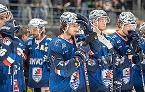 Betretene Mienen: Die Spieler der Heilbronner Falken stehen vor der Stehplatztrib&uuml;ne, werden von den Fans gefeiert &minus; sind selber zu entt&auml;uscht zum Feiern.