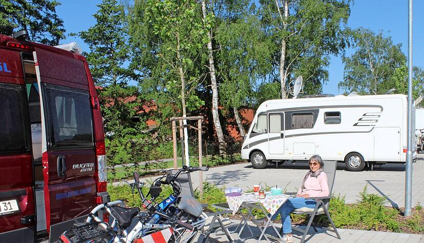 Eva-Maria Brandner aus Mosbach ist mit ihrem Mann Harry und H&uuml;ndin Nala mit dem Wohnmobil nach Eppingen gereist. Der neue Stellplatz wurde neben dem Festplatz an der Talstra&szlig;e errichtet.
Foto: J&ouml;rg K&uuml;hl