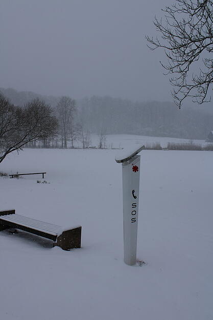Hinter der Notrufsäule am Neumühlsee nahe Waldenburg ist das Seeufer unter der Schneedecke kaum zu erkennen.