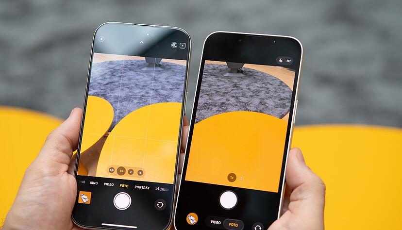 Weniger los auf dem Bildschirm: Was man nicht braucht, zeigt iOS 26 (rechts) gar nicht an: Viele Optionen der Kamera kommen nur bei Bedarf in den Blick oder müssen - zum Beispiel bei weniger häufig genutzten Foto-Einstellungen - mit einem Druck ausgewählt werden.
