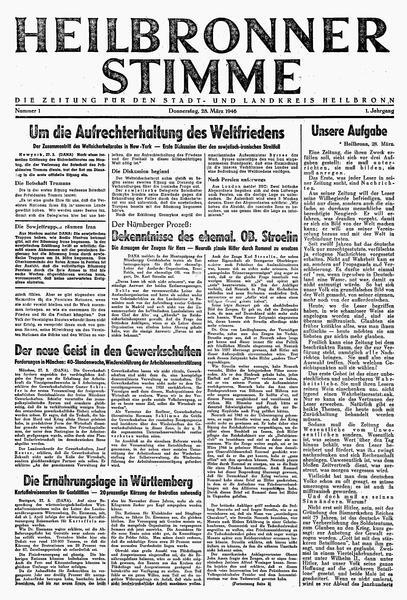 28. März 1946 war Nummer 1 der Heilbronner Stimme erschienen. Voraussetzung für die Herausgabe einer Zeitung im Nachkriegsdeutschland ist eine Lizenz, die von den Militärbehörden der Siegermächte des Zweiten Weltkrieges vergeben wird. 28. März 1946 war Nummer 1 der Heilbronner Stimme erschienen. Voraussetzung für die Herausgabe einer Zeitung im Nachkriegsdeutschland ist eine Lizenz, die von den Militärbehörden der Siegermächte des Zweiten Weltkrieges vergeben wird.