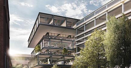 Das Geb&auml;ude f&uuml;r die Campus Founders hebt sich von den massiven Geb&auml;uden im Umfeld ab. Ende 2022 soll es fertig sein. Visualisierung: Hauer/Auer Weber Architekten