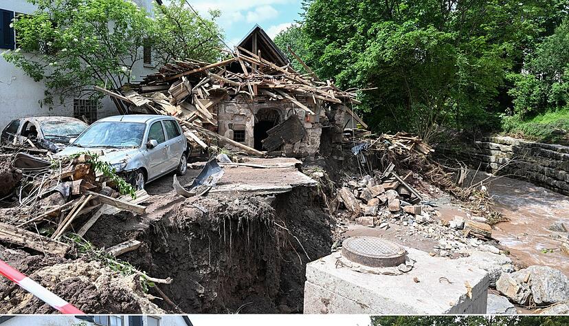 Die Foto-Kombo zeigt einen vom Jahrhunderthochwasser betroffenen Platz neben einer Brücke in Rudersberg (oben) und rund 100 Tage danach (unten).