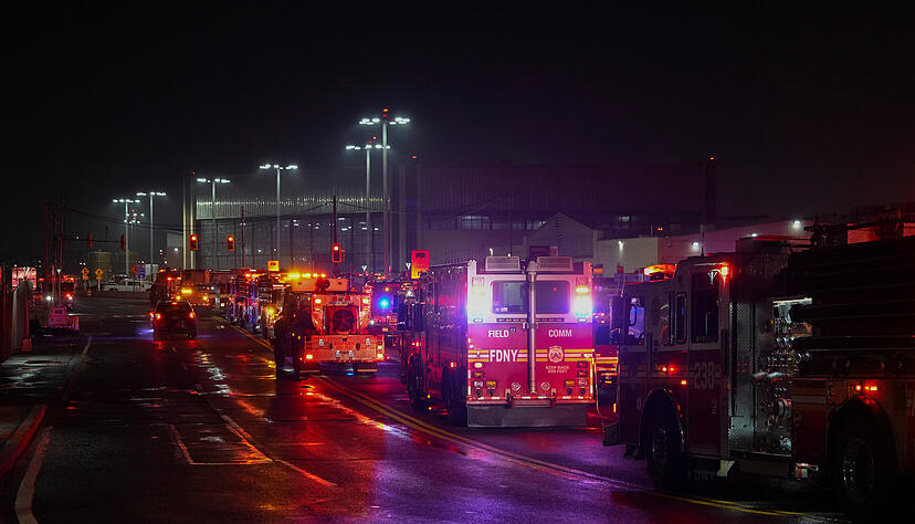 Feuerwehrfahrzeuge stehen vor dem Flughafen LaGuardia, nachdem ein Air-Canada-Flugzeug auf einer Landebahn mit einem Fahrzeug der Hafenbeh&ouml;rde zusammengesto&szlig;en ist.