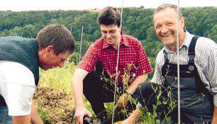 Thomas Frieben (von links) und von der WG Niedernhall Torsten Kuhne und Helmut Lutz begie&szlig;en die frisch gepflanzte Jungrebe mit Silvaner.Foto: Juergen Koch