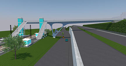 Die Rad- und Fu&szlig;wegbr&uuml;cke, die den geplanten Stadtbahn-Haltepunkt Kochendorf S&uuml;d mit dem Schwarz-Projekt-Campus verbindet entsteht &uuml;ber der B27 und den Gleisen. Im neuesten Entwurf ist das Gel&auml;nder nicht mehr aus Glas, sondern aus perforiertem Stahl. Foto: Ingenieurgruppe Bauen