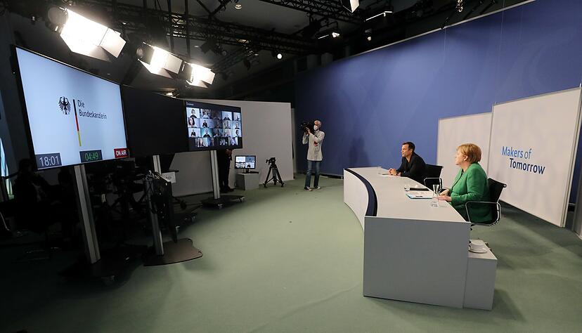 Bundeskanzlerin Angela Merkel nimmt virtuell im Bundeskanzleramt an der Auftaktveranstaltung des Projekts "Makers of Tomorrow" teil. Foto: dpa