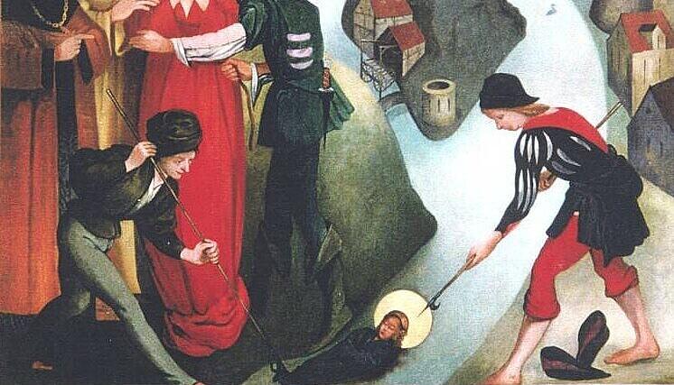 Ausschnitt: Die tote Regiswindis wird aus dem Neckar gezogen. Darstellung in der Regiswindiskirche in Lauffen. Ausschnitt: Die tote Regiswindis wird aus dem Neckar gezogen. Darstellung in der Regiswindiskirche in Lauffen.